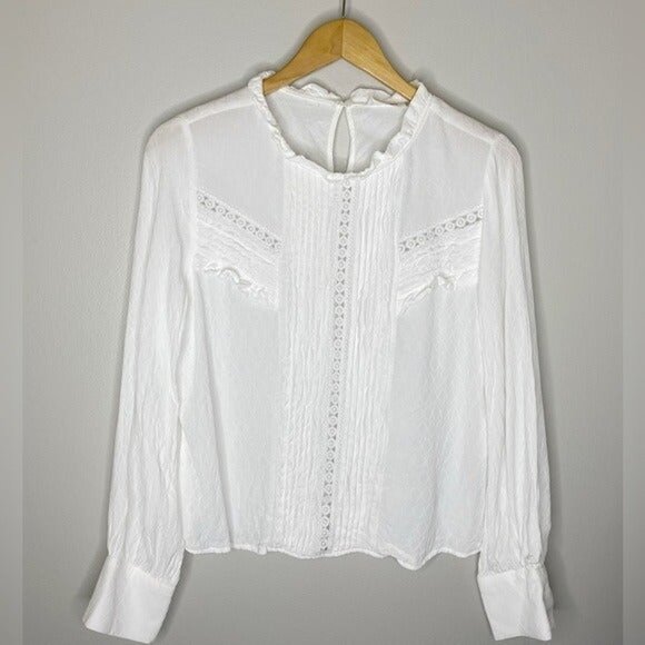 Mango Tops - Mango MNG Sz S White Lace Viscose Long Sleeve Ruffle Neck Collar Blouse Top Cut